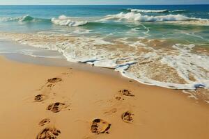 Sand bound history, footprints on ocean beach carry whispers of past seaside sojourns AI Generated photo