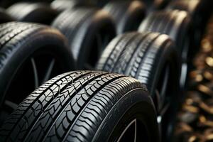 Rubber gallery Close up of bulk car tires in shop, highlighting options AI Generated photo