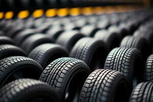 Rubber inventory Close up of bulk car tires in store, tire shop backdrop AI Generated photo