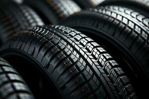 Shop display close up of bulk car tires stacked together AI Generated photo