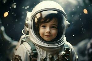 Brave Astronaut spaceship space child boy. Generate Ai photo