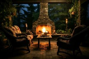 Backyard fireplace wood chairs. Generate Ai photo