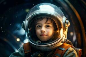 Fearless Astronaut spaceship space child boy. Generate Ai photo