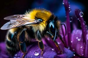 Macro bee drops on flower. Generate Ai photo
