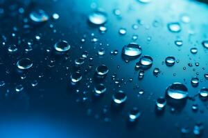 Sparkling water drops on a deep blue backdrop with highlights and gradients. AI Generated photo