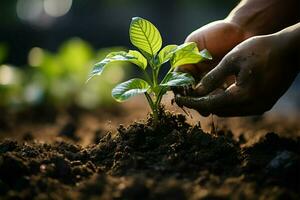 Hand pouring black soil on green bokeh background Planting a small plant on a pile of soil or pouring soil during funeral Gardening backdrop for advertising AI Generated photo