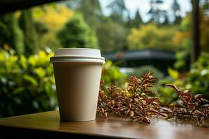 café en papel taza, abrazado por de la naturaleza belleza un sereno al aire libre indulgencia ai generado foto