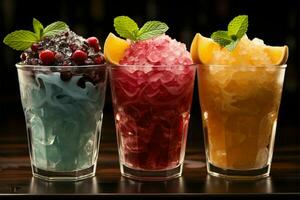 Vibrant icy fruit slush, chilled in cups Colorful refreshment, frozen delight AI Generated photo