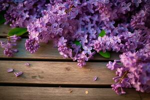 púrpura flores de lila adornando un de madera tablón, de la naturaleza arte. ai generado foto