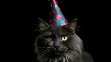 negro fondo, listo para la fiesta gato con cumpleaños sombrero ai generado foto