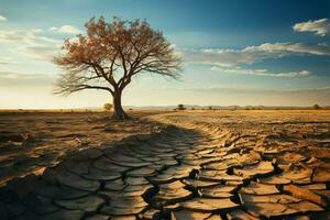 Struggling tree on dry soil underscores climate changes toll water scarcity and drought AI Generated photo