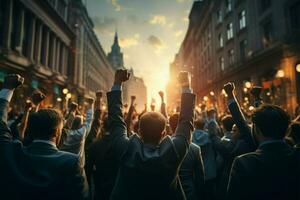 puños de logro corporativo equipo levanta manos en victoria, celebrando éxito ai generado foto