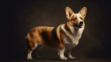 Welsh Corgi Pembroke breed dog of black, tan and white color on empty tan background AI Generated photo