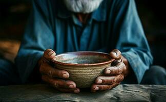 Focused shot empty bowl held by old mans hands, depicting hunger and poverty AI Generated photo