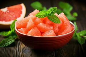 Grapefruit pieces mint bowl ice fresh. Generate Ai photo