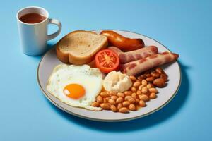 Inglés desayuno en plato con frijoles. generar ai foto
