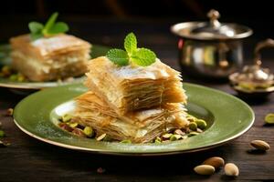 baklava regalos un clásico ejemplo de un dulce, bañado en azúcar árabe postre. generar ai foto