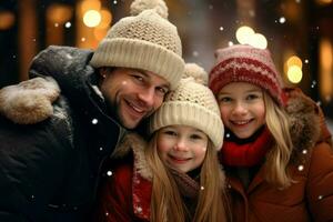 familia de Tres Navidad escena brillante acogedor. generar ai foto