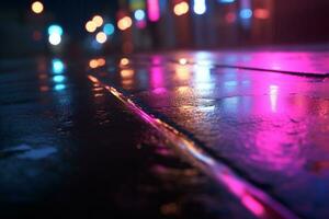 Reflections of neon lights, searchlight, and smoke on damp pavement. AI Generated photo