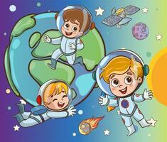 Astronaut kids on the planet. Vector illustration of a cartoon photo