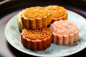 Closeup of traditional Chinese mid autumn mooncake festival. Mid-Autumn Festival concept. photo