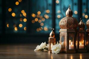 A lantern with candle. Islamic celebration and Fitr Adha Muharram Ramadan. Space for text. photo