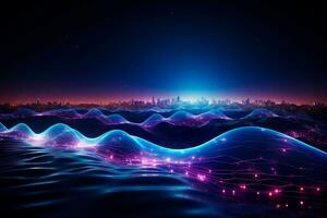 An impressive 3D rendering that features a dynamic wave abstract background. Network and big data concept. photo