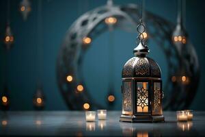 A lantern with candle. Islamic celebration and Fitr Adha Muharram Ramadan. Space for text. photo