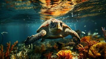 Sea turtle close up over coral reef in Sabah. Conservation and marine life concept photo