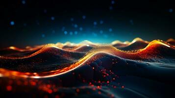 An impressive 3D rendering that features a dynamic wave abstract background. Network and big data concept. photo