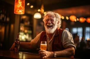 An old man is laughing in a pub photo