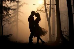 Woman and man kissing in the forest photo