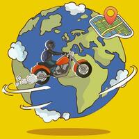 motocicleta en el antecedentes de el mundo mapa. vector ilustración.vector de personas de viaje alrededor el mundo en un motocicleta