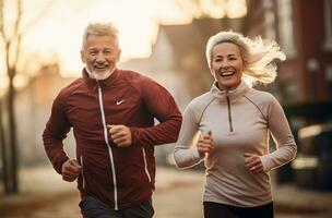 An older couple is jogging in an open field photo