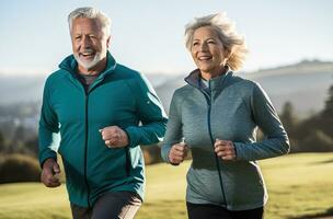 An older couple is jogging in an open field photo