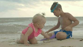 Playful siblings on the beach video