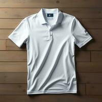 View of men's Polo white Tshirt template on a wooden background photo