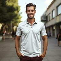 ver de de los hombres polo blanco camiseta modelo en un de madera antecedentes foto