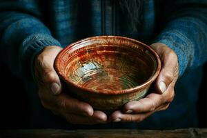 Aged hands grip empty bowl on wood, illustrating the poignant reality of hunger AI Generated photo