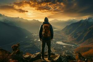 successful man hiker enjoy the view on mountain top AI Generated photo