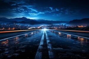 Nocturnal journey Side view asphalt road under city lights in the night AI Generated photo