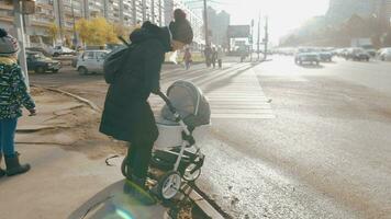 Mutter haben Probleme mit schieben Kinderwagen im das Straße video