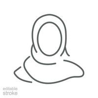 Women hijab icon, saudi arab, lady, cover female, islam. Beautiful muslim girl avatar. head scarf Eastern Women's Clothing logo. editable stroke Vector illustration. Design on white background. EPS 10