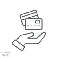 Hand hold credit card line icon, cash pay machine. swipe, id, financial digital cashless business online sale payment logo. editable stroke vector illustration design on white background. EPS 10