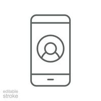 Mobile account line icon, create new my profile for profile network. user page in social network template. avatar personal contact Editable stroke vector illustration design on white background EPS 10