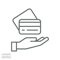 mano sostener crédito tarjeta línea icono, efectivo pagar máquina. golpe fuerte, identificación, financiero digital sin efectivo negocio en línea rebaja pago logo. editable carrera vector ilustración diseño en blanco antecedentes. eps 10