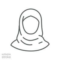 Women hijab icon, saudi arab, lady, female, islam. Beautiful muslim girl avatar. head scarf Eastern Women's Clothing logo. editable stroke. Vector illustration. Design on white background. EPS 10