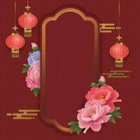 Red Chinese style border with peonies and lanterns, suitable for traditional festivals and Spring Festival vector