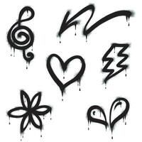 Graffiti drawing symbols set. Painted graffiti spray pattern of lightning, arrow, crown, star, heart and smile. Spray paint elements. Street art style illustration. Vector. vector