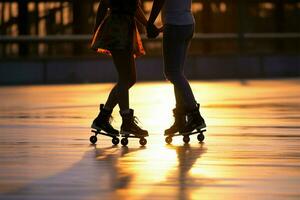 entretenimiento y aficiones, siluetas de pares en rodillo patines, disfrutando ai generado foto